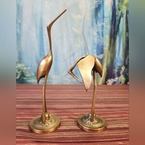 SOLID BRASS Korean Crane Heron Vintage MCM Collectible 2PC Set 8"/5"